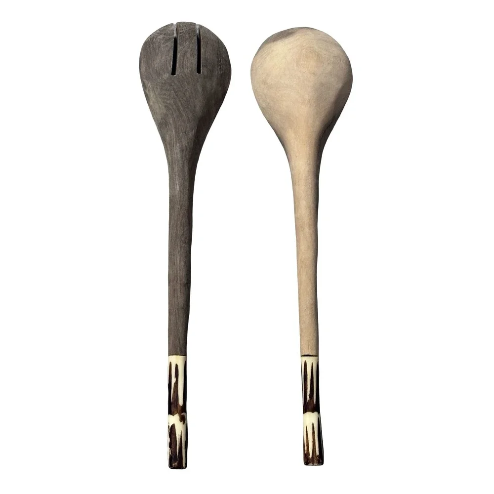 Hand Carved Wooden Salad Servers Bone Inlay Batik Handle‎ Dark Wood 12 Inch Set